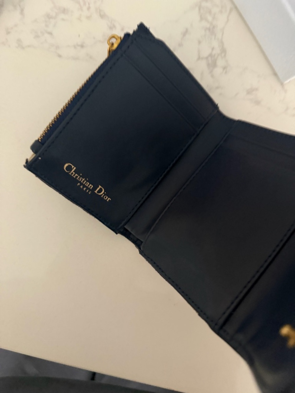 Dior Navy and Beige Oblique Canvas Wallet with Gold 'D' Charm - Picture 2 of 2